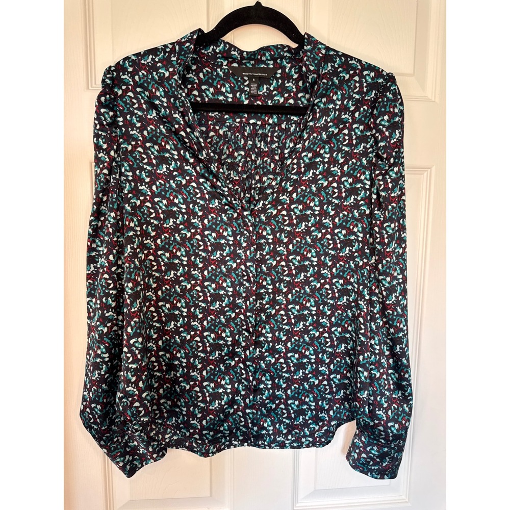 White House Black Market WHBM Teal Red Abstract Floral Long Sleeve Blouse 8